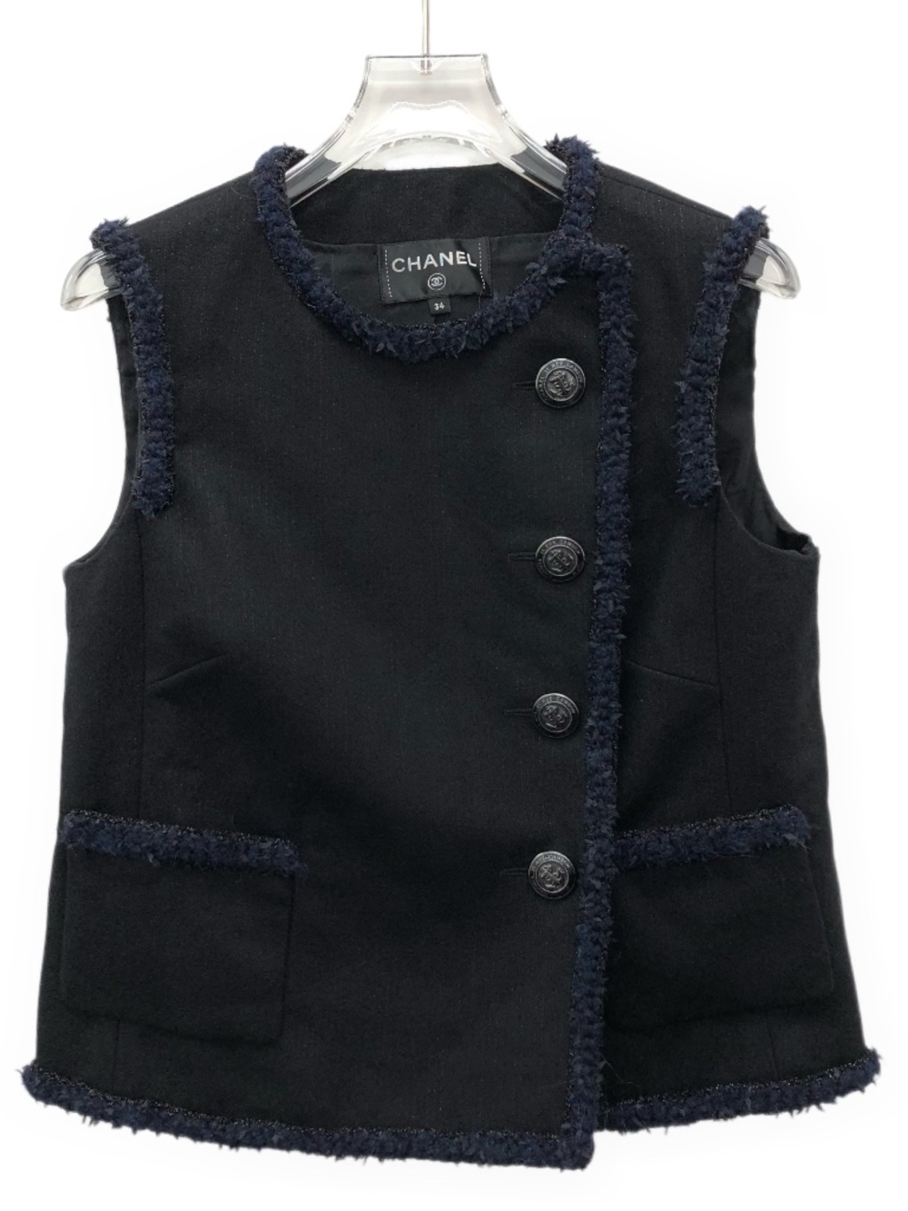 Chanel Black Tweed-Trimmed Wool Crew-Neck Sleeveless Single-Breasted Vest